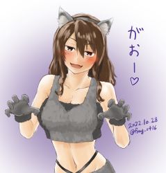 Rule 34 | 1girl, alternate costume, animal ears, ashigara (kancolle), brown eyes, brown hair, dated, fake animal ears, fang, furaggu (frag 0416), gloves, halloween costume, highres, kantai collection, long hair, looking at viewer, midriff, one-hour drawing challenge, skin fang, solo, twitter username, upper body, wolf ears