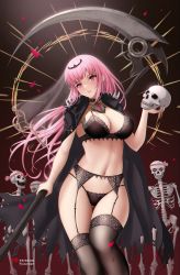 Rule 34 | 1girl, absurdres, belt, black bra, black choker, black cloak, black garter belt, black nails, black panties, black thighhighs, black veil, bra, breasts, brooch, choker, cleavage, cloak, commentary, english commentary, falling petals, floating hair, garter belt, head tilt, highres, holding, holding scythe, holding skull, hololive, hololive english, jewelry, lace, lace-trimmed bra, lace trim, large breasts, long hair, looking at viewer, mori calliope, nail polish, navel, panties, parted lips, petals, pink eyes, pink hair, ryuuneart, scythe, see-through, see-through sleeves, skeleton, skindentation, skull, spikes, stomach, straight hair, thighhighs, tiara, underwear, underwear only, veil, virtual youtuber, white belt