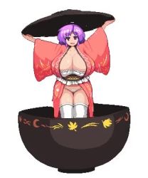 Rule 34 | 1girl, :d, alternate breast size, animated, bouncing breasts, bowl, bowl hat, breasts, cleavage, curvy, hat, huge breasts, japanese clothes, kimono, looking at viewer, lowres, namako daibakuhatsu, open mouth, panties, pixel art, purple eyes, purple hair, short hair, smile, solo, standing, sukuna shinmyoumaru, thick thighs, thighhighs, thighs, touhou, underwear, unfinished, video