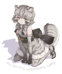 Rule 34 | animal ears, animal print, back bow, bare shoulders, belt bow, black bow, black footwear, black gloves, bow, bowtie, cat ears, cat girl, cat print, cat tail, check commentary, commentary request, elbow gloves, gloves, gradient gloves, green eyes, grey gloves, grey hair, grey pantyhose, highres, kemono friends, kneeling, kosai takayuki, multicolored hair, pantyhose, print bow, print bowtie, print gloves, print legwear, print pantyhose, print shirt, sandals, shirt, short hair, sleeveless, tail, tsushima leopard cat (kemono friends)