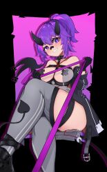 Rule 34 | 1girl, absurdres, bandaid, bandaid on face, bandaid on nose, black jacket, black thighhighs, breasts, chumidraws, cross pasties, demon girl, demon horns, demon tail, highres, holding, holding leash, horns, jacket, leash, looking at viewer, medium breasts, melody (projektmelody), melody (projektmelody) (cyber succubus), official alternate costume, official art, pasties, purple eyes, purple hair, smile, solo, tail, thighhighs, virtual youtuber, vshojo