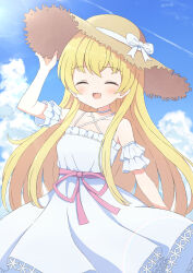 Rule 34 | 1girl, :d, bare shoulders, blonde hair, blue sky, blush, bow, closed eyes, cloud, cloudy sky, collarbone, commission, contrail, cowboy shot, criss-cross halter, day, detached sleeves, dot nose, dress, halterneck, hand on headwear, hat, hat bow, highres, lens flare, long bangs, long hair, looking at viewer, open mouth, original, outdoors, pink ribbon, pleated dress, raised eyebrows, ribbon, shirobako, short sleeves, sidelocks, skeb commission, sky, sleeveless, sleeveless dress, smile, solo, straight hair, straw hat, tyomimas, variant set, virtual youtuber, waist ribbon, white dress, white sleeves