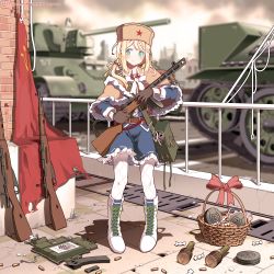 Rule 34 | 1girl, absurdres, blonde hair, blue eyes, bolt action, boots, braid, capelet, caterpillar tracks, cherry hair ornament, circle a, cross-laced footwear, drum magazine, explosive, flag, food-themed hair ornament, fragmentation sleeve, full body, fur hat, girls&#039; frontline, gloves, grenade, gun, hair ornament, hand grenade, hat, high contrast, highres, knee boots, lace-up boots, looking at viewer, magazine (weapon), military, military vehicle, model 43 stielhandgranate, mosin-nagant, motor vehicle, pantyhose, ppsh-41, ppsh-41 (girls&#039; frontline), red star, rifle, ruins, scenery, skirt, smile, soviet flag, star (symbol), stick grenade, stielhandgranate, submachine gun, t-34, tank, ushanka, weapon