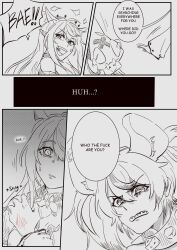 Rule 34 | 2girls, absurdres, akazuki r, animal ears, bright pupils, comic, comic sans, commentary, english commentary, english text, hair ornament, hakos baelz, highres, hololive, hololive english, horns, irys (hololive), left-to-right manga, monochrome, mouse ears, mouse girl, multiple girls, multiple horns, sharp teeth, teeth, v-shaped eyebrows, virtual youtuber, wide-eyed