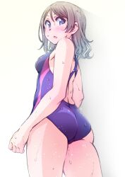Rule 34 | 1girl, ass, ayumu-k, blue eyes, blush, brown hair, competition swimsuit, highres, looking at viewer, love live!, love live! sunshine!!, one-piece swimsuit, short hair, simple background, smile, solo, swimsuit, thighs, watanabe you, wavy hair