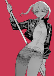 Rule 34 | 1girl, absurdres, bracelet, cowboy shot, cropped jacket, evil grin, evil smile, greyscale with colored background, grin, highres, holding, holding weapon, jacket, jewelry, long sleeves, looking at viewer, maka albarn, open clothes, open jacket, pants, ratatatat74, red background, shirt, simple background, smile, solo, soul eater, twintails, weapon