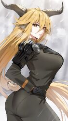 Rule 34 | 1girl, animal ears, arknights, ass, black gloves, blonde hair, breasts, brown eyes, brown horns, commentary request, degenbrecher (arknights), gloves, grey background, hair between eyes, highres, horn/wood, horns, large breasts, long hair, parted lips, solo, uniform, very long hair