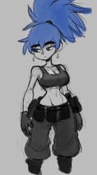 Rule 34 | baggy pants, blue eyes, blue hair, breasts, crop top, earrings, field ration, gloves, grey background, highres, jellot, jewelry, leona heidern, midriff, military, navel, pants, solo, the king of fighters, unfinished