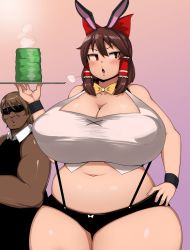 Rule 34 | &gt;:o, 1boy, 1girl, :o, animal ears, belly, blush, bow, bowtie, breasts, brown hair, rabbit ears, cleavage, commentary, cookie (touhou), crop top, cup, curvy, dark skin, dark-skinned male, covered erect nipples, hair bow, hair ribbon, hair tubes, hakurei reimu, highres, huge breasts, medium hair, muscular, navel, oozon (ozon), open mouth, plump, puffy nipples, red eyes, reu (cookie), ribbon, short shorts, shorts, sunglasses, thick thighs, thighs, touhou, tsurime, v-shaped eyebrows, wide hips, wrist cuffs, yunomi
