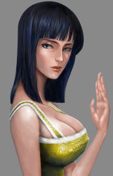 Rule 34 | 1girl, artist request, bare shoulders, black hair, blue eyes, blue hair, blunt bangs, breasts, cleavage, collarbone, covered erect nipples, fingernails, from side, fur, grey background, grey theme, hand up, highres, large breasts, lips, looking at viewer, matching hair/eyes, multicolored hair, nico robin, one piece, shirt, short hair, solo, two-tone hair, upper body, yellow shirt