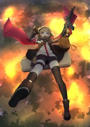 Rule 34 | 1girl, asymmetrical legwear, backlighting, bag, black shorts, black socks, blonde hair, boots, brown bag, brown footwear, brown jacket, commentary, cross-laced footwear, explosion, falling, full body, girls&#039; frontline, gloves, gun, hairband, highres, holding, holding gun, holding weapon, jacket, kneehighs, leg strap, looking at viewer, open clothes, open jacket, open mouth, pouch, radio, red eyes, red scarf, satchel, scarf, scw (girls&#039; frontline), scw (gun), short hair, short shorts, shorts, shoulder bag, single kneehigh, single sock, single thighhigh, smile, socks, solo, thigh pouch, thigh strap, thighhighs, uneven legwear, vikpie, weapon