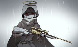 Rule 34 | 1girl, belt, buttons, cape, closed mouth, commentary request, fingerless gloves, gloves, grey background, grey hair, gun, halo, highres, himurohiromu, holding, holding gun, holding weapon, hood, hood up, looking at viewer, original, outdoors, rain, red eyes, shaded face, shirt, short hair, skirt, smile, solo, weapon
