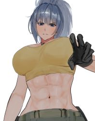 Rule 34 | 1girl, abs, absurdres, bare shoulders, blue eyes, blue hair, breasts, dan koflove, earrings, gloves, highres, jewelry, large breasts, leona heidern, muscular, muscular female, navel, ponytail, simple background, sleeveless, solo, tank top, the king of fighters, the king of fighters xv, triangle earrings, white background, yellow tank top