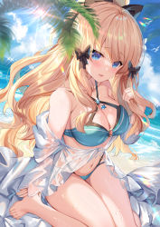 Rule 34 | 1girl, absurdres, aqua bikini, beach, bikini, bikini under clothes, black bow, blonde hair, blue eyes, blue sky, blush, bow, breasts, cloud, day, elf, flower, hair bow, hair ornament, hair up, highres, horizon, large breasts, layered bikini, long hair, looking at viewer, navel, open mouth, outdoors, palm tree, pointy ears, ponytail, princess connect!, sand, saren (princess connect!), saren (summer) (princess connect!), see-through, shanguier, sky, solo, swimsuit, swimsuit cover-up, tree, water, wet