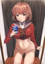 Rule 34 | 1girl, arm behind back, blunt bangs, bob cut, bottomless, breasts, brown eyes, brown hair, brown neckerchief, brown sailor collar, cellphone, collar, commentary, crop top, curtains, fitting room, highres, holding, holding phone, indoors, kantai collection, light blush, light smile, long sleeves, looking at viewer, medium breasts, mirror, navel, neckerchief, no panties, no pants, phone, red shirt, ryouya, sailor collar, school uniform, selfie, shirt, short hair, smartphone, smile, solo, standing, tan yang (kancolle), tie clip, white collar, white shirt, wooden floor, yukikaze (kancolle)