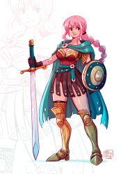 Rule 34 | 1girl, absurdres, armor, armored boots, bandages, belt, boots, braid, breasts, buckler, cape, commentary, english commentary, gladiator, gladiator, gloves, green belt, green cape, highres, holding, holding shield, holding sword, holding weapon, leotard, long hair, looking at viewer, medium breasts, multi-tied hair, one piece, pink eyes, pink hair, rebecca (one piece), red leotard, redesign, scale armor, shield, shin guards, shuravf, smile, solo, sword, torn cape, torn clothes, weapon