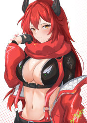 Rule 34 | 1girl, absurdres, black gloves, blush, breasts, cleavage, closed mouth, commentary, cowboy shot, cropped jacket, fingerless gloves, gloves, goddess of victory: nikke, hair between eyes, hand up, highres, horns, jacket, large breasts, leather, leather jacket, long hair, long sleeves, looking at viewer, mechanical horns, meonic, midriff, navel, off shoulder, red hair, red hood (nikke), red jacket, red scarf, scarf, scarf pull, sidelocks, signature, smile, solo, standing, unzipped, yellow eyes