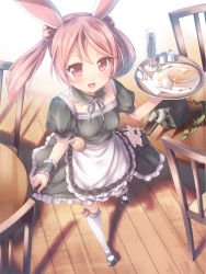Rule 34 | 10s, 1girl, alternate costume, animal ears, apron, binzoko megane (san-inch), blush, bobby socks, clothes lift, cup, detached collar, enmaided, fake animal ears, food, glass, hair bobbles, hair ornament, kantai collection, kneehighs, maid, maid apron, mary janes, pancake, pink eyes, pink hair, rabbit ears, saninchi, sazanami (kancolle), shoes, short hair, skirt, skirt lift, socks, solo, standing, table, tray, turret, twintails, white socks, wooden floor, wrist cuffs