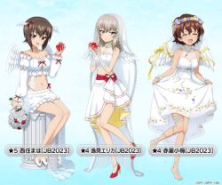 Rule 34 | 3girls, akaboshi koume, angel wings, apple, barefoot, blue background, blue eyes, bouquet, bridal gauntlets, bridal veil, brown eyes, brown hair, calflet, character name, closed eyes, closed mouth, column, commentary request, cross, cross necklace, dress, facing viewer, flower, food, frilled cuffs, frilled skirt, frilled sleeves, frills, fruit, girls und panzer senshadou daisakusen!, gloves, grey hair, hairband, halter shirt, halterneck, head wings, head wreath, high heels, holding, holding bouquet, holding food, holding fruit, jewelry, layered skirt, light frown, long sleeves, looking at viewer, medium dress, medium hair, medium skirt, midriff, miniskirt, multiple girls, navel, necklace, nishizumi maho, off-shoulder shirt, off shoulder, official alternate costume, official art, open mouth, panties, petals, pillar, red footwear, ribbon, see-through, see-through gloves, shirt, short hair, side-tie panties, sitting, skirt, skirt hold, sleeveless, sleeveless dress, smile, standing, standing on one leg, star (symbol), string panties, thighlet, translated, underwear, veil, watermark, wavy hair, white gloves, white shirt, white skirt, white wings, wings, yellow ribbon