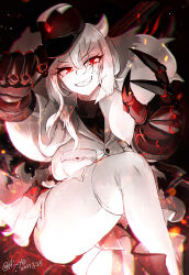 Rule 34 | 1girl, abyssal ship, black footwear, black hat, boots, breast pocket, claws, colored skin, crossed legs, dress, grin, hair over one eye, hat, hi ye, highres, horns, kantai collection, looking at viewer, pocket, red eyes, remodeled wartime cargo princess, sitting, smile, solo, thighhighs, white dress, white hair, white skin, white thighhighs