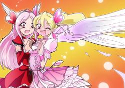 Rule 34 | 00s, 2girls, :d, angel wings, blonde hair, bow, choker, cure passion, cure peach, cure peach (angel), dress, earrings, eyelashes, fresh precure!, frills, fujitama koto, gou hiromi, hair ornament, hairpin, happy, heart, heart hair ornament, heart hands, heart hands duo, higashi setsuna, jewelry, long hair, magical girl, momozono love, multiple girls, one eye closed, open mouth, pantyhose, pink eyes, pink hair, precure, ribbon, side ponytail, smile, tiara, wings, wink, wrist cuffs