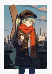 Rule 34 | 1girl, black coat, blue pantyhose, blue sky, brown hat, buttons, chinese commentary, closed mouth, cloud, coat, coffee cup, commentary request, cowboy shot, cup, disposable cup, earbuds, earphones, glasses, green eyes, green hair, guitar case, hanamoto410, hat, hatsune miku, highres, holding, holding cup, instrument case, instrument on back, light smile, long hair, long sleeves, looking at viewer, outdoors, pantyhose, plaid, plaid skirt, red scarf, scarf, shirt, skirt, sky, skyline, solo, twintails, vocaloid, white shirt