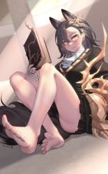 Rule 34 | 1girl, absurdres, animal ear fluff, animal ears, arknights, bare legs, barefoot, black coat, black hair, black nails, black skirt, blush, book, breasts, closed mouth, coat, earrings, extra ears, feet, gauntlets, highres, holding, holding book, indoors, jewelry, knee up, large breasts, light rays, looking at viewer, miniskirt, nail polish, on floor, open book, penance (arknights), pleated skirt, ring, short hair, signature, single gauntlet, sitting, skirt, solo, stud earrings, sunbeam, sunlight, tail, wolf ears, wolf girl, wolf tail, yamauchi (conan-comy), yellow eyes