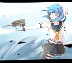Rule 34 | 10s, 1girl, aiming, bad id, bad pixiv id, beret, blue eyes, blue hair, blush, breasts, double bun, elbow gloves, gloves, gun, hair bun, hat, kantai collection, large breasts, letterboxed, matching hair/eyes, midriff peek, outstretched arm, personification, pleated skirt, profile, school uniform, serafuku, short hair, skirt, sleeves rolled up, smile, solo, urakaze (kancolle), weapon, yukichi (eikichi)