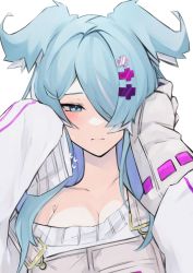 Rule 34 | 1girl, absurdres, blue eyes, blue hair, blush, breasts, cleavage, collarbone, daiishori, dragon girl, elira pendora, elira pendora (1st costume), gloves, grey gloves, grey overalls, hair ornament, hair over one eye, hairclip, head wings, highres, looking to the side, mole, multicolored hair, nervous, nijisanji, nijisanji en, one eye covered, overalls, portrait, single glove, sleeves past fingers, sleeves past wrists, solo, sweater, virtual youtuber, white hair, white sweater, wings