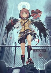 Rule 34 | 1girl, angel wings, backlighting, barcode, bike shorts, black gloves, black shorts, black wings, blunt bangs, blush, building, chain-link fence, character request, copyright request, day, drawstring, feathered wings, fence, from below, game boy advance, gloves, hair ornament, hairclip, halo, handheld game console, highres, holding, holding shovel, hood, hood up, hooded jacket, jacket, kabu (niniko2ko), kneehighs, knees, layered sleeves, long sleeves, looking at viewer, nintendo switch, object request, outdoors, overcast, pink hair, rain, shoes, short hair, short over long sleeves, short sleeves, shorts, shovel, sign, skindentation, skinny, sky, skyscraper, sneakers, socks, solo, standing, static, urban, warning sign, wings, yellow eyes