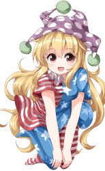 Rule 34 | 1girl, :d, american flag dress, american flag legwear, blonde hair, blush, breasts, clownpiece, commentary request, frilled shirt collar, frills, full body, hair between eyes, hat, highres, horizontal-striped legwear, jester cap, leaning forward, long hair, looking at viewer, medium breasts, neck ruff, no shoes, open mouth, pantyhose, pink eyes, polka dot, polka dot headwear, print pantyhose, purple hat, ruu (tksymkw), short sleeves, simple background, smile, solo, star (symbol), star print, striped clothes, striped pantyhose, thighs, touhou, v arms, very long hair, white background
