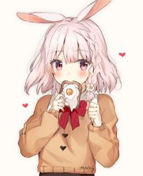 Rule 34 | 1girl, animal ears, blush, bow, bowtie, braid, bread slice, brown sweater, commentary, ear down, egg (food), egg hair ornament, english commentary, fictional persona, food, food-themed hair ornament, fried egg, fried egg on toast, hair ornament, heart, long sleeves, looking at viewer, mochii, original, pink eyes, pink hair, rabbit ears, red bow, red bowtie, signature, solo, sweater, toast, upper body, yellow background