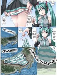 Rule 34 | 1girl, ass, comic, detached sleeves, giant, giantess, green eyes, green hair, hatsune miku, highres, huge giantess, matching hair/eyes, necktie, no legwear, oversized object, panties, panty pull, solo, striped clothes, striped panties, terada ochiko, text focus, translated, twintails, underwear, undressing, vocaloid