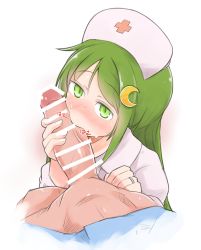 Rule 34 | 1boy, 1girl, alternate costume, bar censor, blouse, blush, censored, commentary request, crescent, crescent hair ornament, crescent pin, enjaku izuku, fellatio, green eyes, green hair, hair ornament, hairpin, hat, hetero, highres, jewelry, kantai collection, long hair, looking at viewer, nagatsuki (kancolle), nurse, nurse cap, oral, penis, pov, ring, shirt, simple background, swept bangs, wedding band, white background, white shirt