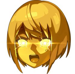 Rule 34 | 1girl, artist request, blonde hair, bob cut, colored sclera, colored skin, disembodied head, facial mark, female focus, glowing, glowing eyes, gold, head only, non-web source, official art, open mouth, pictoria, portrait, short hair, sidelocks, simple background, solo, teeth, towa kiseki, transparent background, triangle, virtual youtuber, world flipper, yellow eyes, yellow sclera, yellow skin, yellow theme