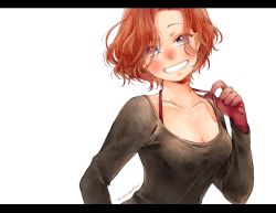 Rule 34 | 10s, 1girl, blue eyes, breasts, cleavage, gloves, grin, letterboxed, mila babicheva, nemui (sleep goodbye), pink gloves, red hair, smile, spaghetti strap, twitter username, yuri!!! on ice
