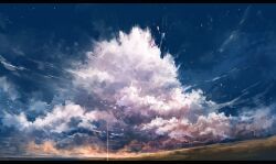 Rule 34 | axleaki, blue sky, cloud, cloudy sky, commentary, dusk, field, grass, highres, horizon, lens flare, letterboxed, no humans, original, outdoors, romaji commentary, scenery, sky, sky focus, wide shot