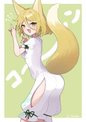 Rule 34 | 1girl, :3, :d, animal ears, ass, blonde hair, double fox shadow puppet, fox ears, fox shadow puppet, fox tail, hands up, highres, kudamaki tsukasa, looking at viewer, looking back, machimo, open mouth, short hair, simple background, smile, solo, tail, touhou, white romper, yellow eyes