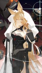 Rule 34 | 1girl, absurdres, animal ears, arknights, black dress, black gloves, black sleeves, blonde hair, breasts, cleavage, cowboy shot, detached collar, dice, dorothy (arknights), dorothy (hand of destiny) (arknights), dress, elbow gloves, from side, glint, gloves, hair between eyes, highres, icosahedron, jewelry, juliet sleeves, kasasasagi, large breasts, long sleeves, looking at viewer, mouse ears, mouse girl, multiple rings, necklace, parted lips, pearl necklace, polyhedral dice, puffy sleeves, ring, side slit, sidelocks, sideways glance, solo, strapless, strapless dress, teeth, white veil, yellow eyes