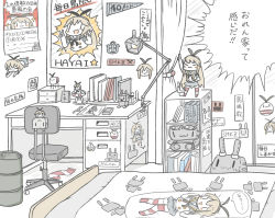 Rule 34 | 1girl, :3, puff of air, arm up, bad id, bad pixiv id, bed, blonde hair, blush, book, calendar (object), captain tsubasa, chair, character doll, curtains, dakimakura (object), desk, desk lamp, double v, drawer, drum (container), closed eyes, figure, hairband, indoors, kantai collection, lamp, light bulb, long hair, otaku room, paper, parody, pillow, rensouhou-chan, room, scarf, scene reference, shimakaze (kancolle), single thighhigh, skirt, source request, star (symbol), still life, table, thighhighs, unworn thighhighs, trash can, v, very long hair, window, yuasan, | |