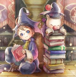 Rule 34 | 2boys, ahoge, antennae, bat wings, blue eyes, book, brown hair, coat, commentary request, deci, deci (ffrk), dr. mog, final fantasy, final fantasy record keeper, hat, lma, looking at viewer, male focus, moogle, multiple boys, scholar (final fantasy), sitting, sleeves past wrists, tyro, wings