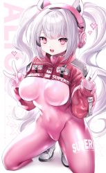 Rule 34 | 1girl, :d, absurdres, alice (nikke), animal ear headphones, animal ears, blush, bodysuit, breasts, chachong sama, character name, clothes writing, covered navel, double v, fake animal ears, full body, gloves, goddess of victory: nikke, hair intakes, headphones, heart, highres, impossible bodysuit, impossible clothes, jacket, kneeling, latex, latex bodysuit, long hair, looking at viewer, medium breasts, multicolored clothes, multicolored gloves, open mouth, pink bodysuit, pink eyes, red jacket, shiny clothes, shoes, shrug (clothing), simple background, smile, sneakers, socks, solo, twintails, v, white background, white hair, white socks