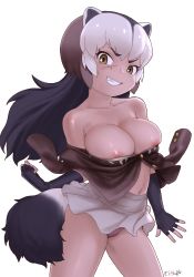 Rule 34 | 1girl, animal ears, arm at side, badger ears, badger tail, bare shoulders, black hair, breasts, brown eyes, brown hair, cleavage, clenched hand, commentary request, fingerless gloves, gloves, grey hair, grin, hand up, high-waist skirt, highres, jacket, kemono friends, long hair, looking at viewer, masuyama ryou, medium breasts, microskirt, multicolored hair, navel, nipples, no bra, panties, scar, simple background, skindentation, skirt, smile, solo, stomach, tail, underwear, v-shaped eyebrows, white background, wolverine (kemono friends)