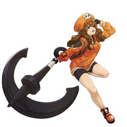 Rule 34 | 1am, 1girl, anchor, ankle boots, backpack, bag, bike shorts, black gloves, black shorts, boots, breasts, brown hair, commentary request, fingerless gloves, full body, gloves, guilty gear, guilty gear strive, hat, highres, holding, holding weapon, hood, hood down, hoodie, huge weapon, leg up, long hair, making-of available, may (guilty gear), medium breasts, open mouth, orange eyes, orange footwear, orange hat, orange hoodie, pirate hat, running, shading eyes, shorts, skull and crossbones, solo, weapon, white background
