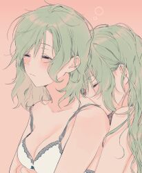 Rule 34 | 2girls, absurdres, bang dream!, blush, bra, breasts, cleavage, closed eyes, closed mouth, collarbone, commentary, green hair, highres, hikawa hina, hikawa sayo, hug, hug from behind, incest, long hair, medium breasts, medium hair, multiple girls, parted lips, pink background, siblings, simple background, twincest, twins, underwear, upper body, yuri, zihacheol