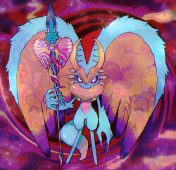 Rule 34 | antlers, blue fur, chiimako, claws, colored sclera, commentary request, fecto elfilis, full body, furry, holding, holding staff, horns, kirby (series), kirby and the forgotten land, looking at viewer, multicolored background, multicolored eyes, nintendo, solo, spiral background, staff, tail, wing ears, yellow fur