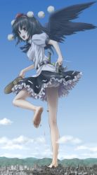 Rule 34 | 1girl, :d, barefoot, belt, black hair, black skirt, blouse, camera, city, cloud, cloudy sky, collared shirt, day, dirty, dirty feet, eichikei (hakuto), feet, frills, giant, giantess, hair ornament, happy, hat, highres, huge giantess, open mouth, outdoors, panties, pantyshot, pom pom (clothes), puffy sleeves, red eyes, shameimaru aya, shirt, shoes, unworn shoes, short sleeves, skirt, sky, smile, standing, standing on one leg, tokin hat, touhou, underwear, white panties, white shirt, wings