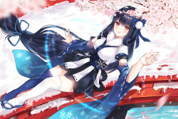 Rule 34 | 1girl, absurdres, arm up, asymmetrical legwear, blue thighhighs, blush, cherry blossoms, detached sleeves, eyebrows, hair ornament, highres, hum (ten ten), japanese clothes, long hair, looking at viewer, low-tied long hair, mismatched legwear, parted lips, petals, ribbon, shoes, sitting, snow, thighhighs, white thighhighs, zettai ryouiki