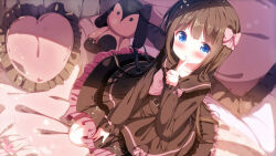 Rule 34 | 1girl, black dress, blue eyes, blush, brown hair, chinomaron, dress, finger to mouth, frilled dress, frills, heart-shaped pillow, highres, indoors, long hair, long sleeves, looking at viewer, on bed, original, ribbon, sitting, solo, stuffed animal, stuffed toy, wariza
