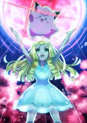 Rule 34 | 1girl, :d, absurdres, arms up, blonde hair, blunt bangs, braid, clefairy, collared dress, commentary request, creatures (company), dress, eyelashes, floating hair, game freak, gen 1 pokemon, green eyes, highres, lillie (pokemon), long hair, looking up, moon, moonblast (pokemon), nintendo, open mouth, pokemon, pokemon (creature), pokemon sm, see-through, sheyona, sleeveless, sleeveless dress, smile, sundress, teeth, tongue, twin braids, upper teeth only, white dress